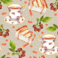 Seamless speckled background - tea cup, raspberry fruit, cakes. Watercolor