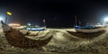 seamless spherical hdr 360 night panorama near fishing boats on the ocean in india in equirectangular projection, for VR AR Royalty Free Stock Photo