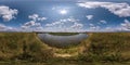 Seamless spherical hdri panorama 360 degrees angle view on high coast of huge wide river in sunny summer day and windy weather