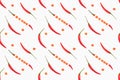 Seamless spice pattern with red chili pepper pods diagonally, slices of cut red pepper on white background