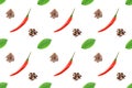 Seamless spice pattern with red chili pepper pods, heaps of cloves, allspice, green leaves on white background