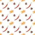 Seamless spice pattern with red chili pepper pods, heaps of cloves, fenugreek, allspice on white background