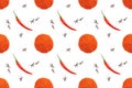 Seamless spice pattern with red chili pepper pods, heaps of ground chili pepper, black pepper on white background