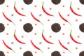 Seamless spice pattern with red chili pepper pods, slices of cut pepper, heaps of black pepper on white background