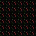 Seamless spice pattern with red and green chili pepper pods vertically, slices of cut red pepper on black background. Aspect ratio