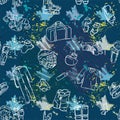 Seamless sports pattern on a dark blue background with hockey equipment