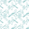 Seamless spring cherry pattern with birds