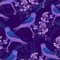 Seamless spring cherry pattern with birds