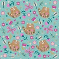 Seamless Spring Floral Pattern. Pastel Colors. Vector floral pattern in doodle style with flowers and leaves. Royalty Free Stock Photo
