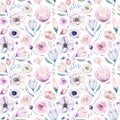 Seamless Spring Lilic Watercolor Floral Pattern On A White Background. Pink And Rose Flowers, Weddind Decoration