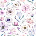 Seamless spring lilic watercolor floral pattern on a white background. Pink and rose flowers, weddind decoration
