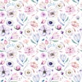 Seamless spring lilic watercolor floral pattern on a white background. Pink and rose flowers, weddind decoration