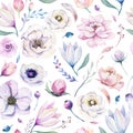 Seamless spring lilic watercolor floral pattern on a white background. Pink and rose flowers, weddind decoration