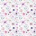 Seamless spring lilic watercolor floral pattern on a white background. Pink and rose flowers, weddind decoration Royalty Free Stock Photo
