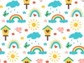 Seamless spring pattern with birds, birdhouse, rainbow and clouds with cute colored flowers. Vector illustration for