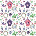 Seamless spring pattern with birds nests and bird houses Royalty Free Stock Photo