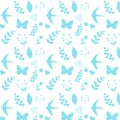 seamless spring pattern in blue with flowers, berries, leaves on a white background and on a transparent background. Royalty Free Stock Photo