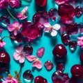 Seamless spring pattern with close-up of cherry blossoms and jewelery transparent stones in cyan and purple colors