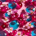 Seamless spring pattern with close-up of cherry blossoms and jewelery transparent stones in pink and cyan colors
