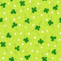 Seamless spring pattern with clover, hearts and Shamrock. Hand drawn vector cartoon spring background. Saint Patricks