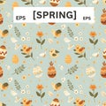 Cheerful Spring Pattern with Birds, Flowers, and Easter Eggs Royalty Free Stock Photo