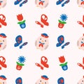 Seamless spring pattern with cute red and blue maritime chubby chicks, butterflies and spring flowers on white background