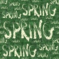 Seamless spring pattern. Light word `SPRING` written with a brush on a green background.