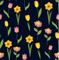 Seamless spring pattern with tulips and daffodils Royalty Free Stock Photo