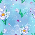 Seamless spring pattern with white crocuses and colorful hearts on a watercolor background.