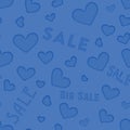 Seamless square background, heart and the word SALE. Blue text on a blue background. Seamless background concept for design and