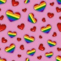 Seamless square background of rainbow hearts on a pinkbackground. Symbol of LGBT people, freedom of the sexes, equality