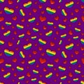 Seamless square background of rainbow hearts on a purple background. Symbol of LGBT people, freedom of the sexes