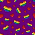 Seamless square background of rainbow hearts on a purple background. Symbol of LGBT people, freedom of the sexes