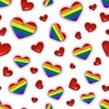 Seamless square background of rainbow hearts on a white background. Symbol of LGBT people, freedom of the sexes