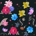 Seamless square natural pattern with rose, cactus, daisy, day lily, cosmos and bell flowers isolated on black background in vector