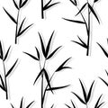 Seamless square ornamental pattern with black bamboo leaves and sprouts branches in Japanese style, white background