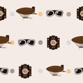 Seamless square pattern with steampunk accessories like old fashioned dirigible, aviator glasses and watch clocks on beige backgro