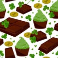 Seamless St. Patrick`s day background with clover leaves chocolate bars, green cupcakes, and coins. Vector illustration Royalty Free Stock Photo