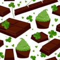 Seamless St. Patrick`s day background with clover leaves chocolate bars, and green cupcakes. Vector illustration Royalty Free Stock Photo