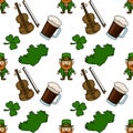Seamless St. Patrick\'s Day vector pattern with leprechauns, shamrocks, violins, beer mugs, and Ireland map Royalty Free Stock Photo