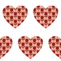 Seamless st. Valentines simple pattern with coloured print hearts on white background for wallpaper