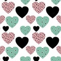 Seamless st. Valentines simple pattern with coloured print hearts on white background for wallpaper