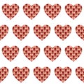 Seamless st. Valentines simple pattern with coloured print hearts on white background for wallpaper