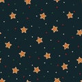 Seamless star pattern with Christmas gingerbread cookies - xmas star and colorful confetti.