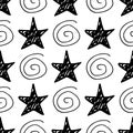 Seamless star pattern. Hand-drawn stars and spirals