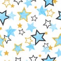 Seamless Stars pattern. Vector background with watercolor blue and glittering golden stars Royalty Free Stock Photo