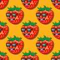 Seamless strawberry cartoon pattern with glasses smile on orange background. Vector image