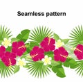 Seamless strip of tropical flowers and leaves. decorative strip of flowers of hibiscus and plumeria, palm leaf, monstera.