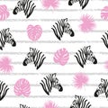 Seamless striped abstract pattern with zebra heads and tropical leaves.