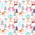 Seamless striped Christmas pattern with winter forest, cute cartoon animals and Santa Claus. Vector illustration Royalty Free Stock Photo